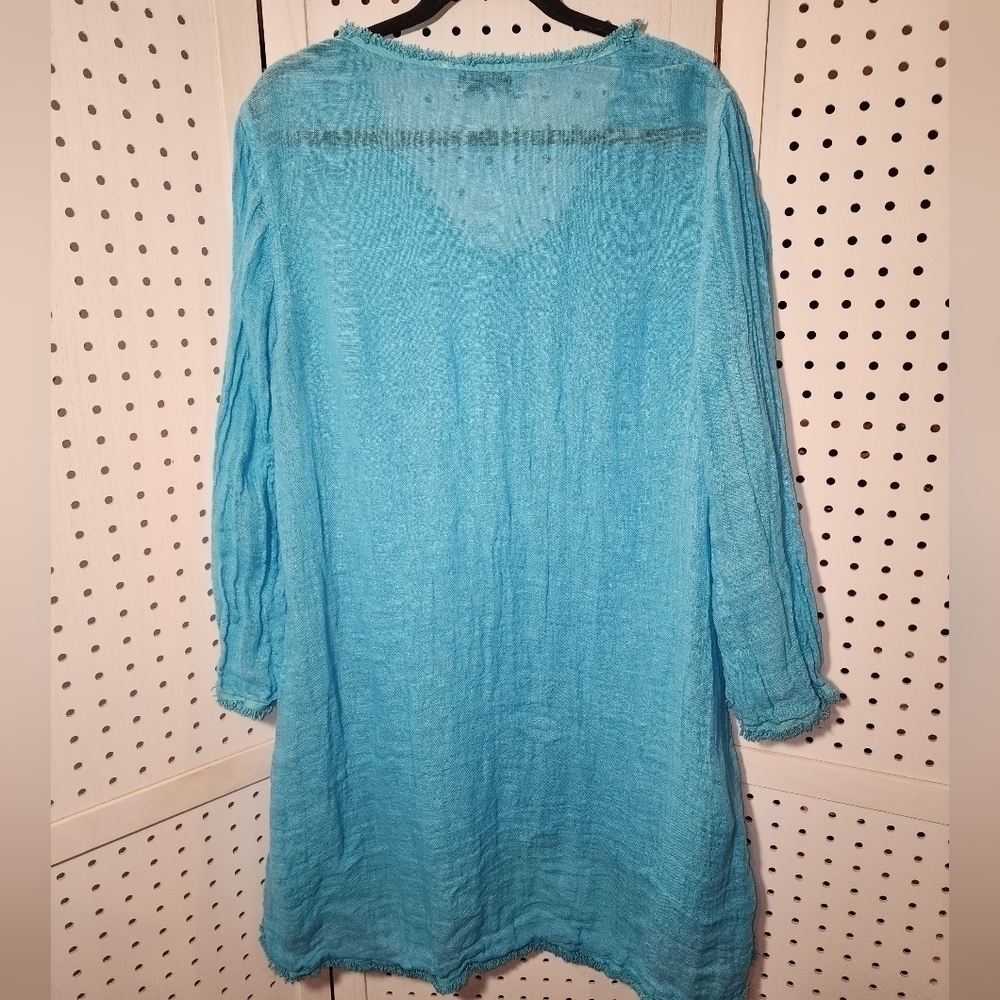Harris Cotton Medium Linen Cover up Dress Fringe Aqua Blue Fringe Medium - Picture 4 of 7